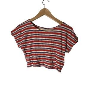 VOLCOM Red Orange Blue Ribbed Retro Sporty Active Crop Top Tee SZ S